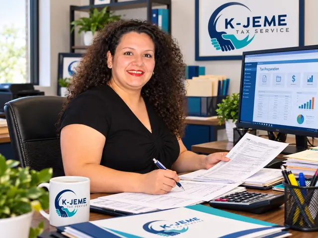 Preparadora de impuestos revisando una declaración en un escritorio con la marca K-Jeme